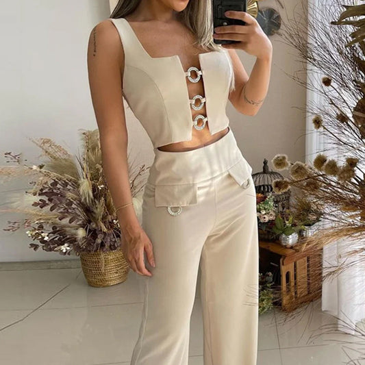 Élégant Haut Sans Manches et Pantalon Taille Haute