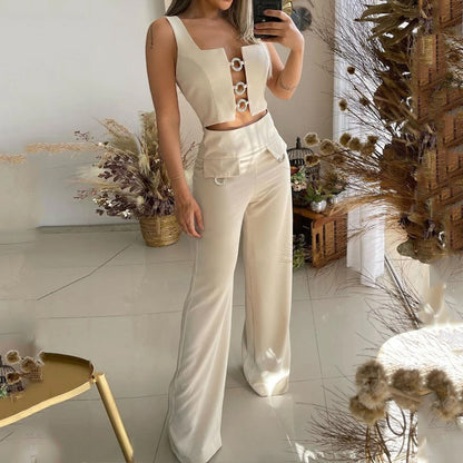 Élégant Haut Sans Manches et Pantalon Taille Haute